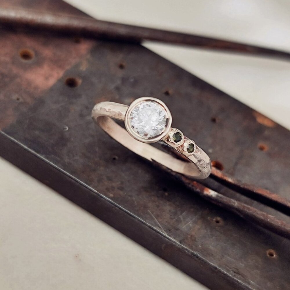 14K Yellow Gold Moissanite and Tourmaline Ring – Handmade Ethical Jewelry